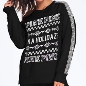 PINK VS "IN A HOLIDAZE" Sequin Bling Long Sleeve Shirt Top Crewneck Tee Size XS